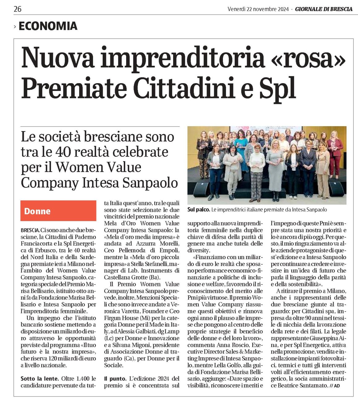 Articolo Giornale di Brescia - Premio Women Value Company